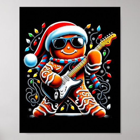 Rock Star Gingerbread Christmas Guitar Lights Men  Poster (Voorkant)