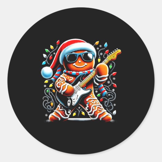 Rock Star Gingerbread Christmas Guitar Lights Men  Ronde Sticker (Voorkant)