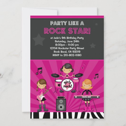 Rock Star Girls Birthday Party Invitation Kaart (Voorkant)