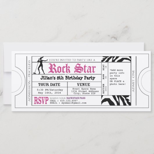  Rock Star Girls Party Ticket Invitation Kaart (Voorkant)