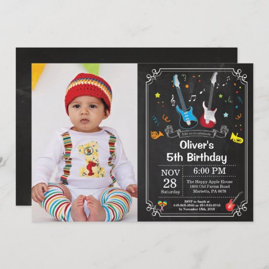 Rock Star Gitaar Verjaardag Uitnodiging Music Boy (Voorkant / Achterkant)