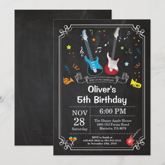 Rock Star Gitaar Verjaardag Uitnodiging Music Boy (Voorkant / Achterkant)