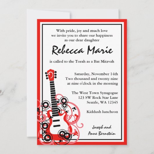 Rock Star Guitar Bat Mitzvah Red en Black Kaart (Voorkant)