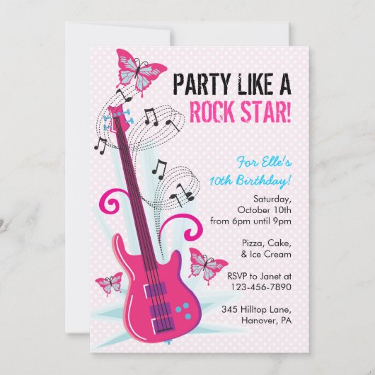 Rock Star, Guitar Hero, Birthday Party Invitations Kaart (Voorkant)