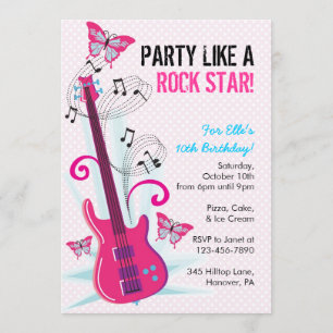 Rock Star, Guitar Hero, Birthday Party Invitations Kaart
