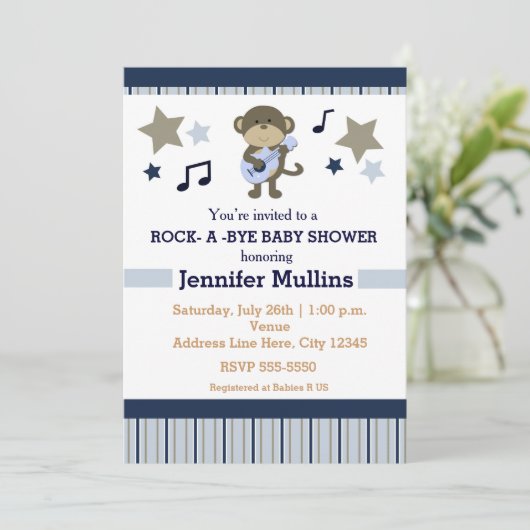 Rock Star Party Baby shower Monkey Invitation Kaart (Staand voorkant)