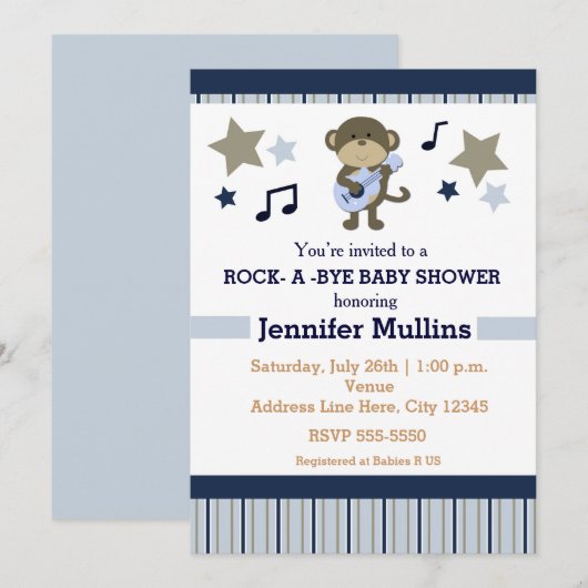 Rock Star Party Baby shower Monkey Invitation Kaart (Voorkant / Achterkant)