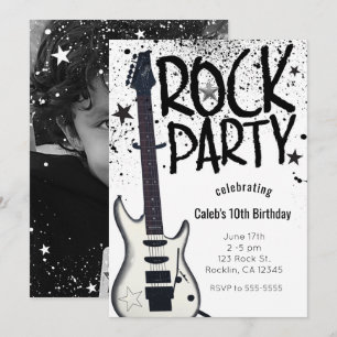 Rock Star Party Guitar Birthday Photo Invitations Kaart