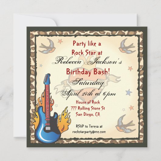 Rock Star Tattoo Invitation Kaart (Voorkant)