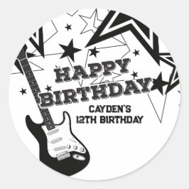 Rock Star Verjaardag Gitaar Zwart Wit Sterren Ronde Sticker