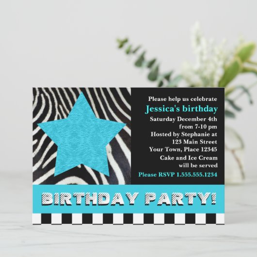 Rock Star Zebra Birthday Party - Blue Kaart (Staand voorkant)