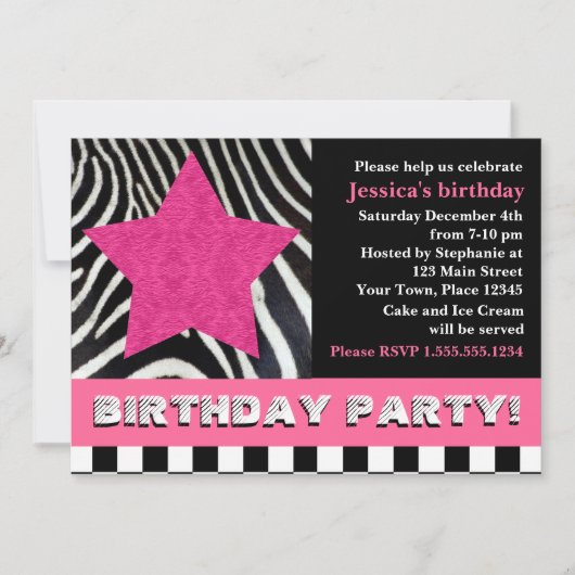Rock Star Zebra Birthday Party - Roze Kaart (Voorkant)