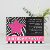 Rock Star Zebra Birthday Party - Roze Kaart (Staand voorkant)