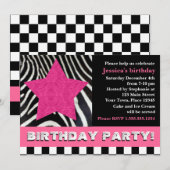 Rock Star Zebra Birthday Party - Roze Kaart (Voorkant / Achterkant)