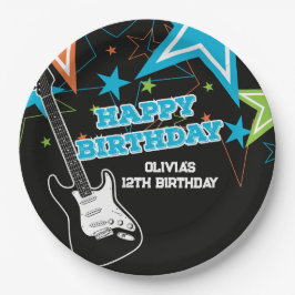 Rock Ster Verjaardag Gitaar Sterren Blauw Oranje Papieren Bordje