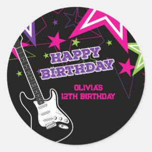 Rock Ster Verjaardag Gitaar Sterren Roze Paars Ronde Sticker