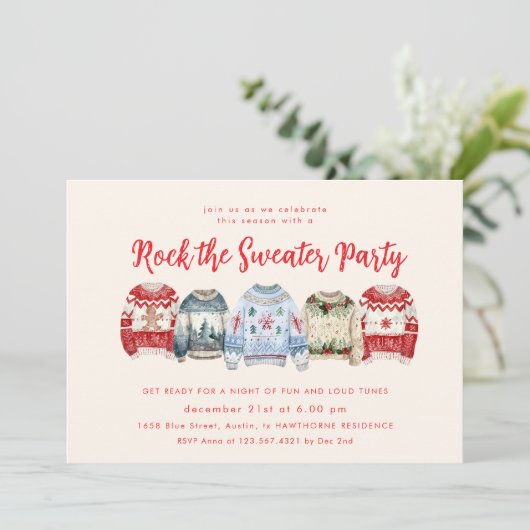 Rock The Sweater Holiday Party Uitnodiging (Staand voorkant)
