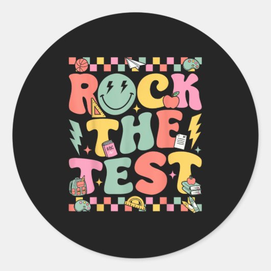 Rock The Test Testing Day Retro Motivational Teach Ronde Sticker (Voorkant)