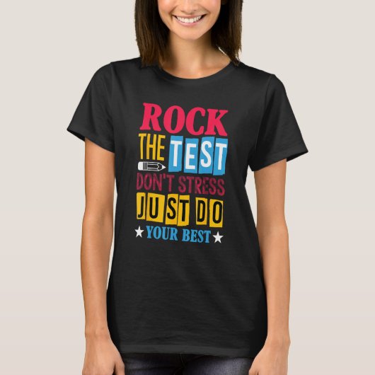 Rock The Test Testing Day Retro Motivational Teach T-shirt (Voorkant)