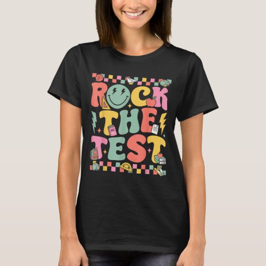 Rock The Test Testing Day Retro Motivational Teach T-shirt (Voorkant)