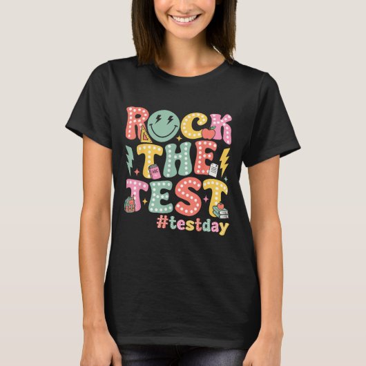 Rock The Test Testing Day Retro Motivational Teach T-shirt (Voorkant)