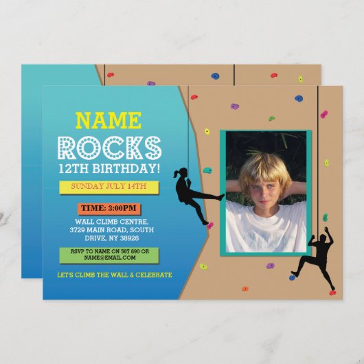 Rock Wall Beklimt Birthday Party Photo Invite Kaart (Voorkant / Achterkant)
