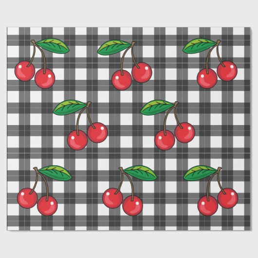 Rockabilly 1950 Kersen op zwart wit Plaid Cadeaupapier (Vlak)