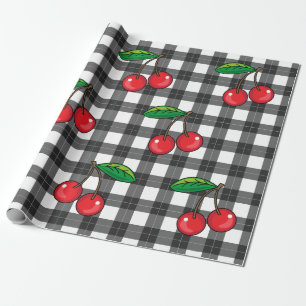 Rockabilly 1950 Kersen op zwart wit Plaid Cadeaupapier