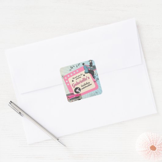 Rockabilly Birthday Party Vierkante Sticker (Envelop)