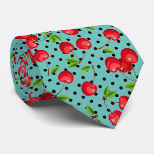 Rockabilly Cherries Polka Dots on Blue Stropdas