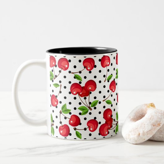 Rockabilly Cherries Polka Dots on White Tweekleurige Koffiemok (Met donut)