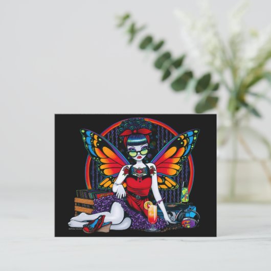 Rockabilly Fairy Retro Record Player Rainbow Briefkaart (Staand voorkant)
