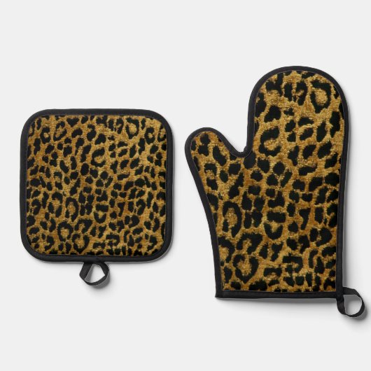 Rockabilly Goud Zwart Leopard Print Ovenwant & Pannenlap Set (Voorkant)