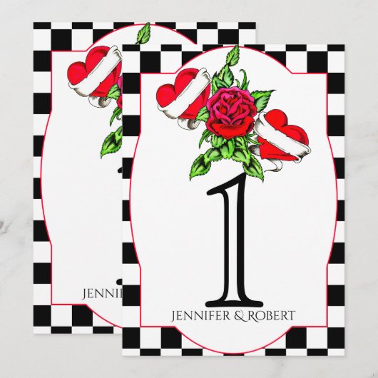 Rockabilly Hart Rozen Huwelijk Tafel Nummer Kaart (Voorkant / Achterkant)