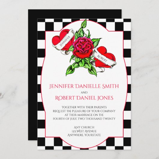 Rockabilly Hearts and Roos Wedding Invitation Kaart (Voorkant / Achterkant)