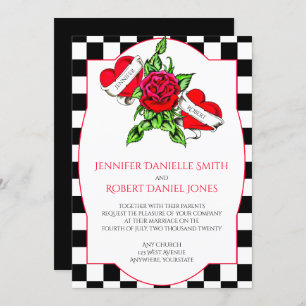 Rockabilly Hearts and Roos Wedding Invitation Kaart