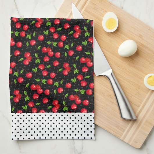 Rockabilly Polka Dots & Cherries op Black Theedoek (Quarter Fold)