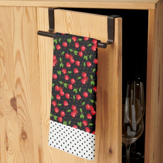 Rockabilly Polka Dots & Cherries op Black Theedoek (Derde Gevouwen)
