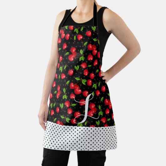Rockabilly Polka Stippen Kersen Zwart Persoonlijk Schort (Insitu)