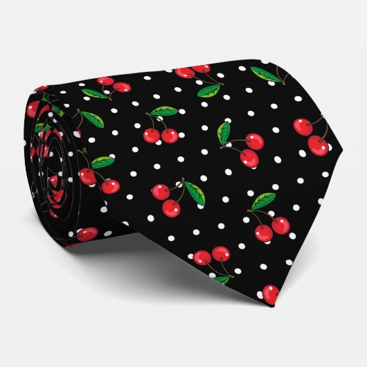 Rockabilly Red Cherries en Polka Dots Zwart Stropdas (Opgerold)