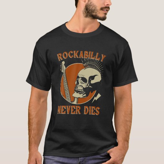 Rockabilly sterft nooit 50s Skull Musican T-Shirt (Voorkant)