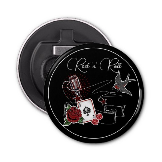 Rockabilly Tattoo microfoon Button Flesopener (Voorkant)
