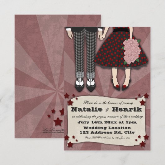 Rockabilly Wedding, 3,5x5 bruiloft Kaart (Voorkant / Achterkant)