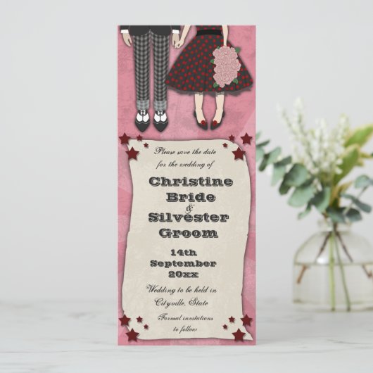 Rockabilly Wedding, 4x9.25 behalve de datum Save The Date (Staand voorkant)