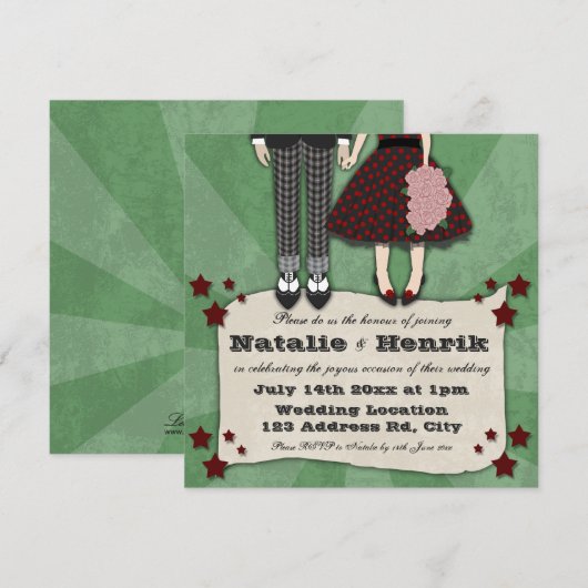 Rockabilly Wedding, 5,25x5,25 bruiloft Kaart (Voorkant / Achterkant)