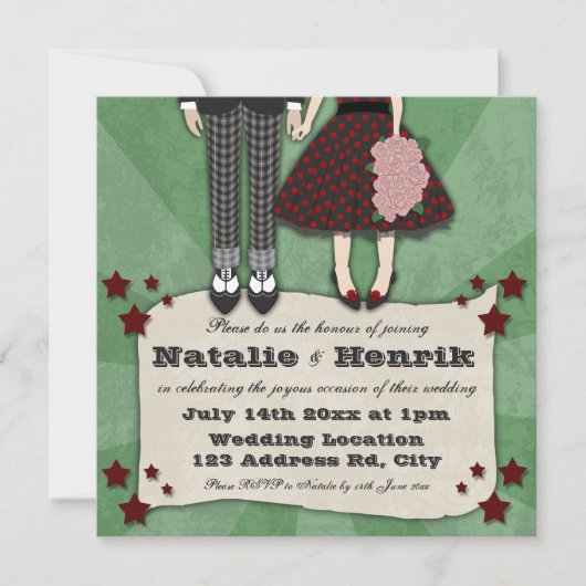 Rockabilly Wedding, 5,25x5,25 bruiloft Kaart (Voorkant)