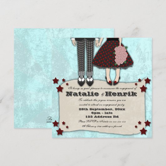 Rockabilly Wedding, 5,25x5,25 verloving Kaart (Voorkant / Achterkant)