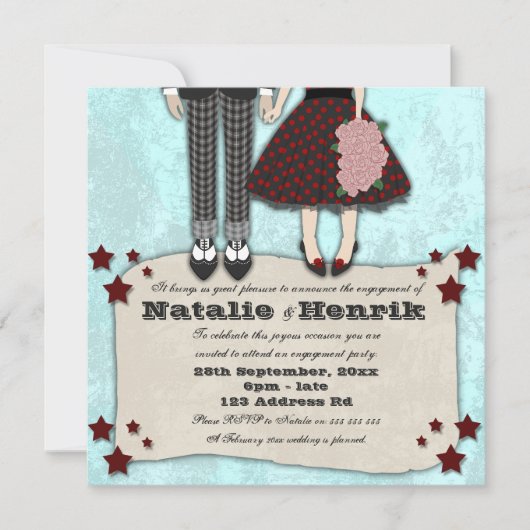 Rockabilly Wedding, 5,25x5,25 verloving Kaart (Voorkant)