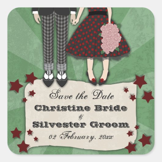 Rockabilly Wedding, bewaar de datum Vierkante Sticker (Voorkant)