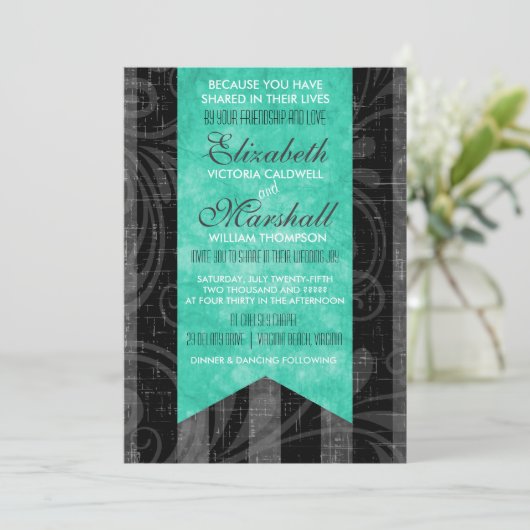 Rockabilly Wedding Invitation Grey & Black Stripes Kaart (Staand voorkant)